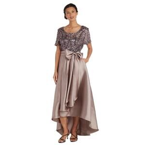 R &‎ M RICHARDS Mocha Purple High Low Satin Skirt Bow Waist Sequin Top Size 12